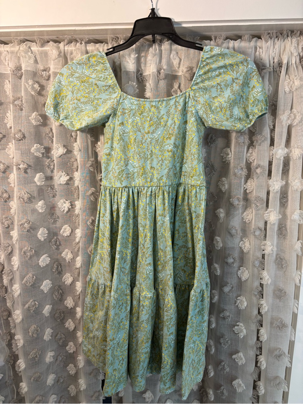 Girls' Light Green Floral Puff Sleeve Casual Dress